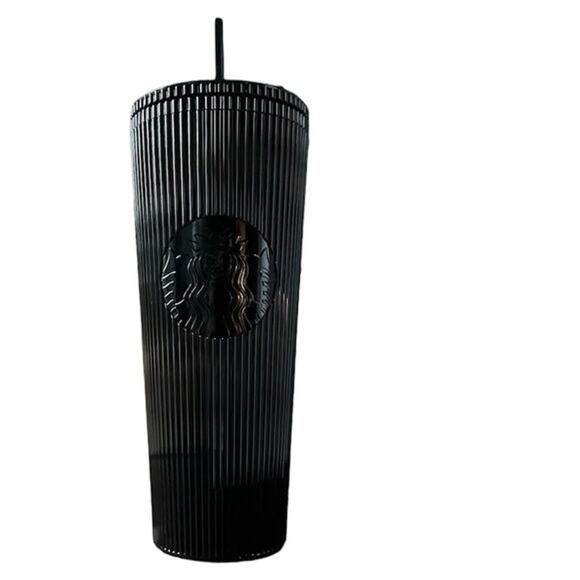 Starbucks 24 fl oz Black Ribbed Tumbler with Straw Cold Cup - Picture 2 of 3